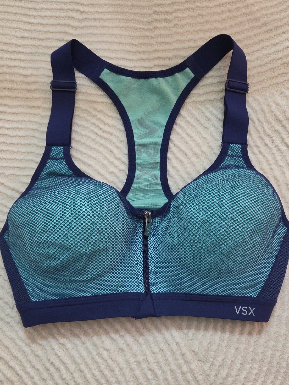 VSX Two-Tone Teal and Navy Front-Zip Racerback Sports Bra